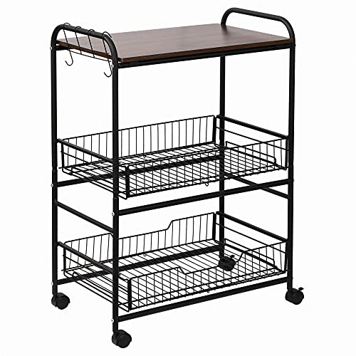 HOMCOM Carrello da Cucina Portavivande Stile Industriale con 4 Ruote, 2 Cestini e 4 Ganci, 60x38x85.5cm, Marrone Nero