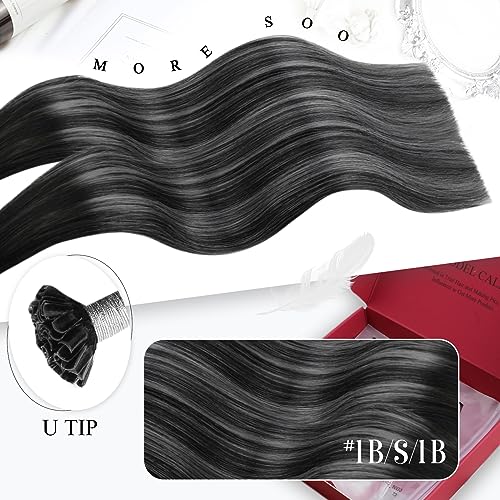 Image of Moresoo U Tip Hair Extensions Human Hair, Black to Silver, 22 Inch | 50g 50 strands, pre-bonded U tips, ombre black to silver, long hairstyles, fashion color look
