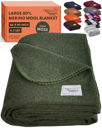 Woolly Mammoth Woolen Company Merino Wool Blanket - 80% Merino Wool - Camping Blankets for Cold Weather - Mositure-Wicking for Overlanding, Hunting, Emergency Kits, Bushcraft (66' x 90' Moss)
