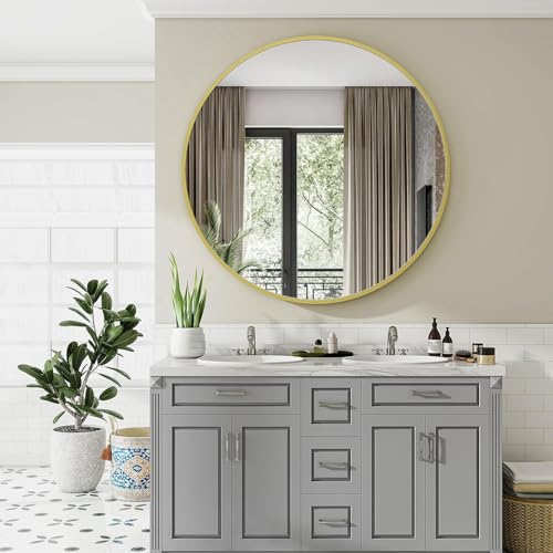 Image of VooBang Black Round Bathroom Mirror, 42 inch Large Circle Wall Mounted Hanging Mirror with Simple Modern Circular Metal Frame for Hallway, Entryway, Living Room, Gold Frame