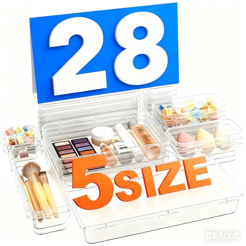A-LuGei 28 Organizadores de Cajones de Plástico, Divisores de Escritorio, Bandejas de Almacenamiento, Cajas Divisorias para Maquillaje, Joyas, Dormitorio, Baño, Transparentes Bandejas de Herramientas