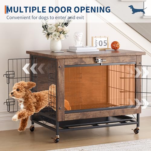 Dog Crate Furniture with Wheels, 2-Door Heavy Duty Wooden Dog Kennel End Side Table, Indoor Pet Cage Furniture with Removable Tray, Chew-Resistant for Medium Small Dogs by PeakPursuit - Image 3