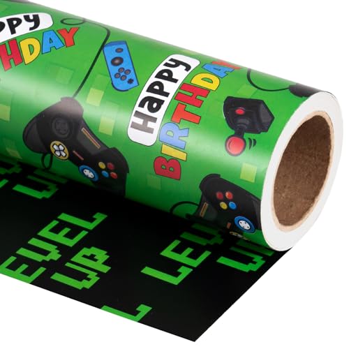 WRAPAHOLIC Reversible Gaming Birthday Wrapping Paper Roll - Mini Roll - 17 Inch x 16.5 Feet - Gamer Controller and Level Up Video Game Wrapping Paper for Boys Birthday Game Lover Baby Shower