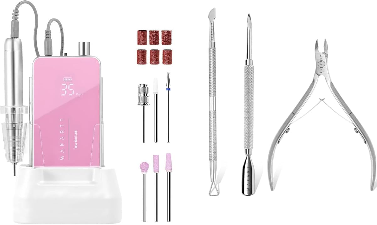 Makartt Cortacutículas con empujador de cutículas con taladro de uñas profesional, lima recargable de 35000 RPM con motor sin núcleo, lima de uñas eléctrica Nouvella