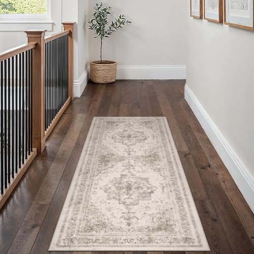 Runner Rug 2x5 Beige Hallway Washable Carpet Non Slip Vintage Medallion Carpet Low Pile Soft Distressed Retro Indoor Long Rug for Entryway Kitchen Bathroom Laundry Bedroom