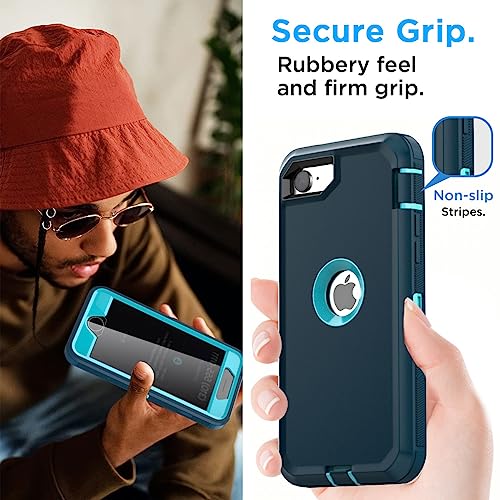 Image of AICase for iPhone SE Case 3rd & 2nd Generation, for iPhone SE 2022 /2020 Built-in Screen Protector Heavy Duty Protective Shockproof 3-Layer Full Body Rugged Phone Cover, Blue /Turquoise