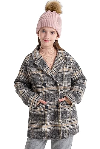 maoo garden Big Girls Plaid Dress Coat Faux-Wool Double Breasted Fall Winter Mid-Weight Peacoat Quilted Jacket