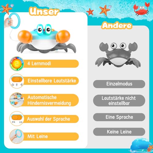 Aragallant Krabbe Baby Spielzeug, Elektronische Krabbel Krabbe ab 3 4 5 6 7 Jahre, Sensorische Krabbelspielzeug mit Musik und Hindernisvermeidung, Tummy Time Toys Geschenke für Kinder Junge Mädchen