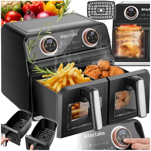tectake® freidora de aire doble 2400W, 2 compartimentos 4L, pantalla táctil LED, 7 programas, control de temperatura, air fryer, fácil limpieza, antiadherente, freidora sin aceite - Negro