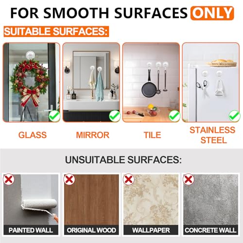 Image of KORCCI Suction Cup Hooks for Shower-Max Load 10 LB, No Trace, Reusable & Removable, Small Clear Suction Hooks, for Tile, Glass, Window, Kitchen, Bathroom, Christmas Decor, Wreath, Lights, 2 Pack