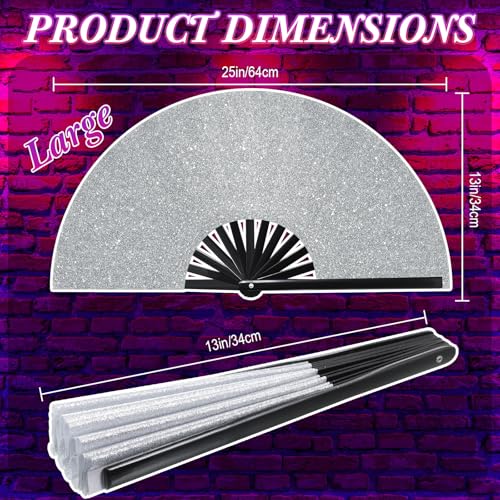 Image of Vercraft 13'' Large Rave Fan for Women Rave Accessories Festival Outfits Glitter Hand Folding Clack Fan for Line Dancing EDM Music Festival Outfits(Silver)