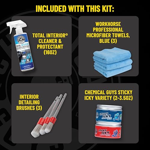 Image of Chemical Guys Interior Cleaning Kit with Storage Bag Total Interior Cleaner Microfiber Towels Detailing Brushes and Sticky Gel Giftable Car Care Set - 10 Items