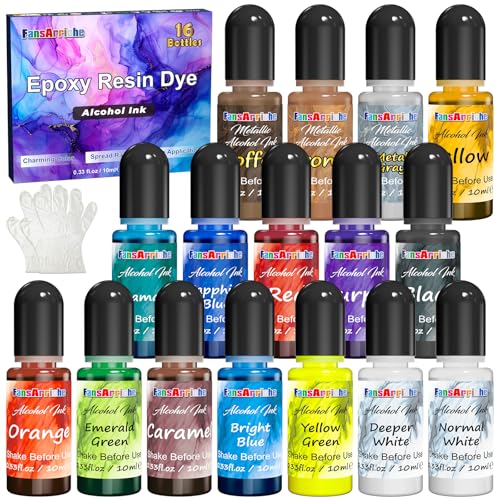 FansArriche Alcohol Inks for Resin 16 Colors High Concentrated Alcohol Ink Set for Epoxy Resin Alcohol-Based Resin Ink for Coasters Fluid Painting Crafts Tumbler Making 10 ml Each