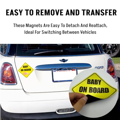 Image of Lusinus Baby On Board Signs for Car - 2 Pack Reflective, Funny & Cute Magnetic Stickers - Removable Safety Attention Signs for Novice Drivers - 5x5 Inches
