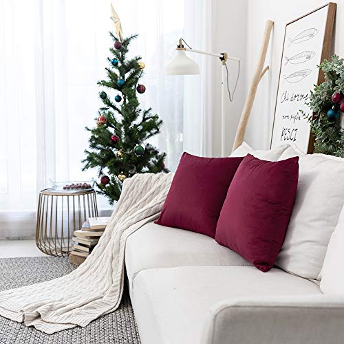 Image of Set of 2 Comfortable Velvet Throw Pillow Cases, Decorative Solid Cushion Covers for Sofa Couch and Bed - 20 inchx20 inch, Burgundy