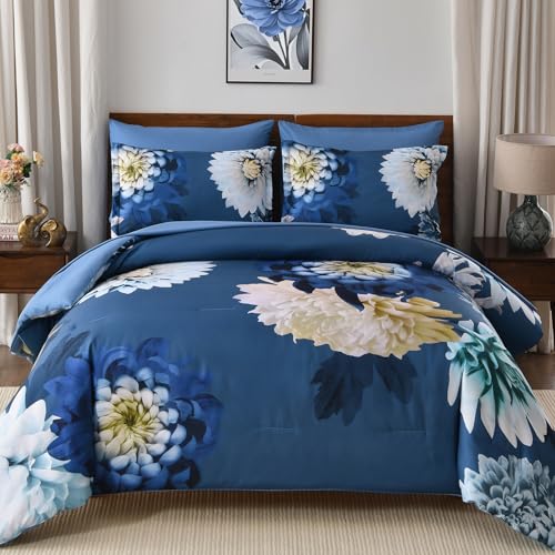 DJY Comforter Set Queen Size, 7 Piece Grey Blue Floral Comforter Set...