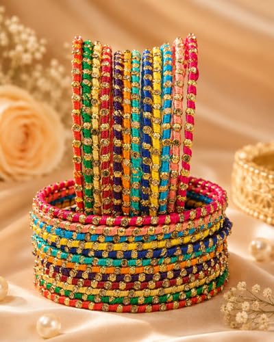 Image of Swara Creations Metal bangles /kada Set wrapped in Silk Thread & golden dots for Women & Girls (24 Pcs)