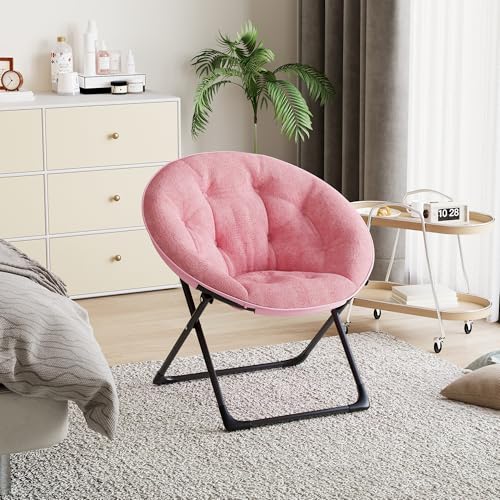 Saucer Chair with Faux Fur Cover - Foldable Moon Chair for Teens & Adults, Large Circle Seat Perfect for Bedroom, Living Room & Playroom, Soft Gaming Chair for Compact Spaces, Pink