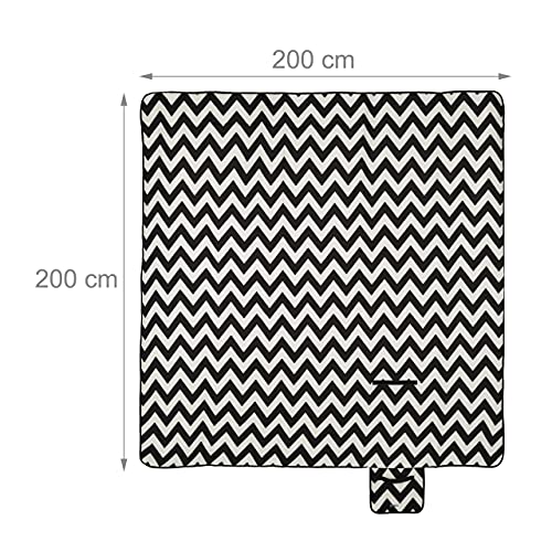 Relaxdays XXL Picknickdecke, 200x200 cm, Fleece Stranddecke, wärmeisoliert, wasserdicht, mit Tragegriff, schwarz-weiß