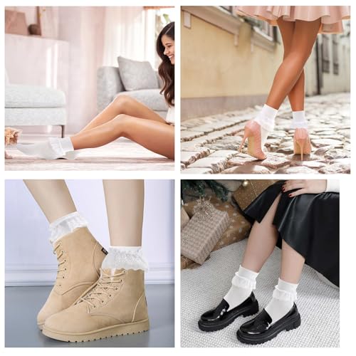 Image of 1 Pair White Ruffle Socks Woman Lace Frilly Ankle Socks Soft Cotton Socks Cute Princess Socks Fashion Dress Socks Lolita Socks for Women (White - 1 pair)