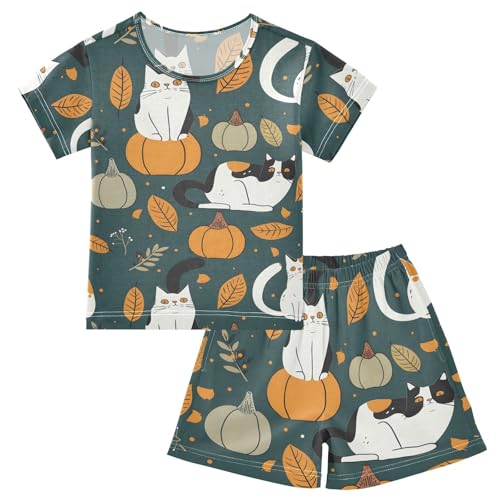 ALAZA Cat Pumpkin Halloween Pajamas Short Sleeve 2 Piece Sleepwear Top and Bottom Pajama Set Unisex