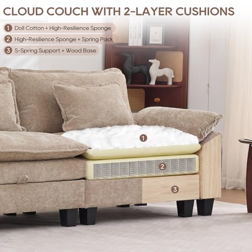 Image of IPKIG 151 inch Modular Cloud Couch with Storage, U Shaped Sectional Sofa with Ottoman & Pillow, Chenille Deep Seat Sectional Couches for Living Room, Apartment, Khaki,