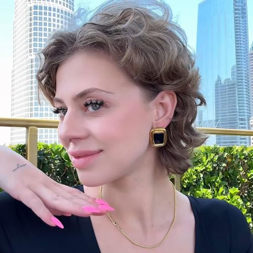 Chunky Gold Earrings Vintage Square Earrings Women Black and Gold Statement Earrings 18K Gold Stud Non Tarnish Stainless Steel3