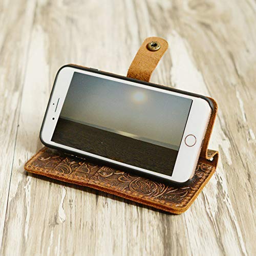 Womens Wallet Case for iPhone 14/14 Pro / 14 Pro Max / 13/12 / New SE - Handmade Genuine Leather Luxury Retro classic cover slim Wristlet Tooled Flower - 408H - Brown