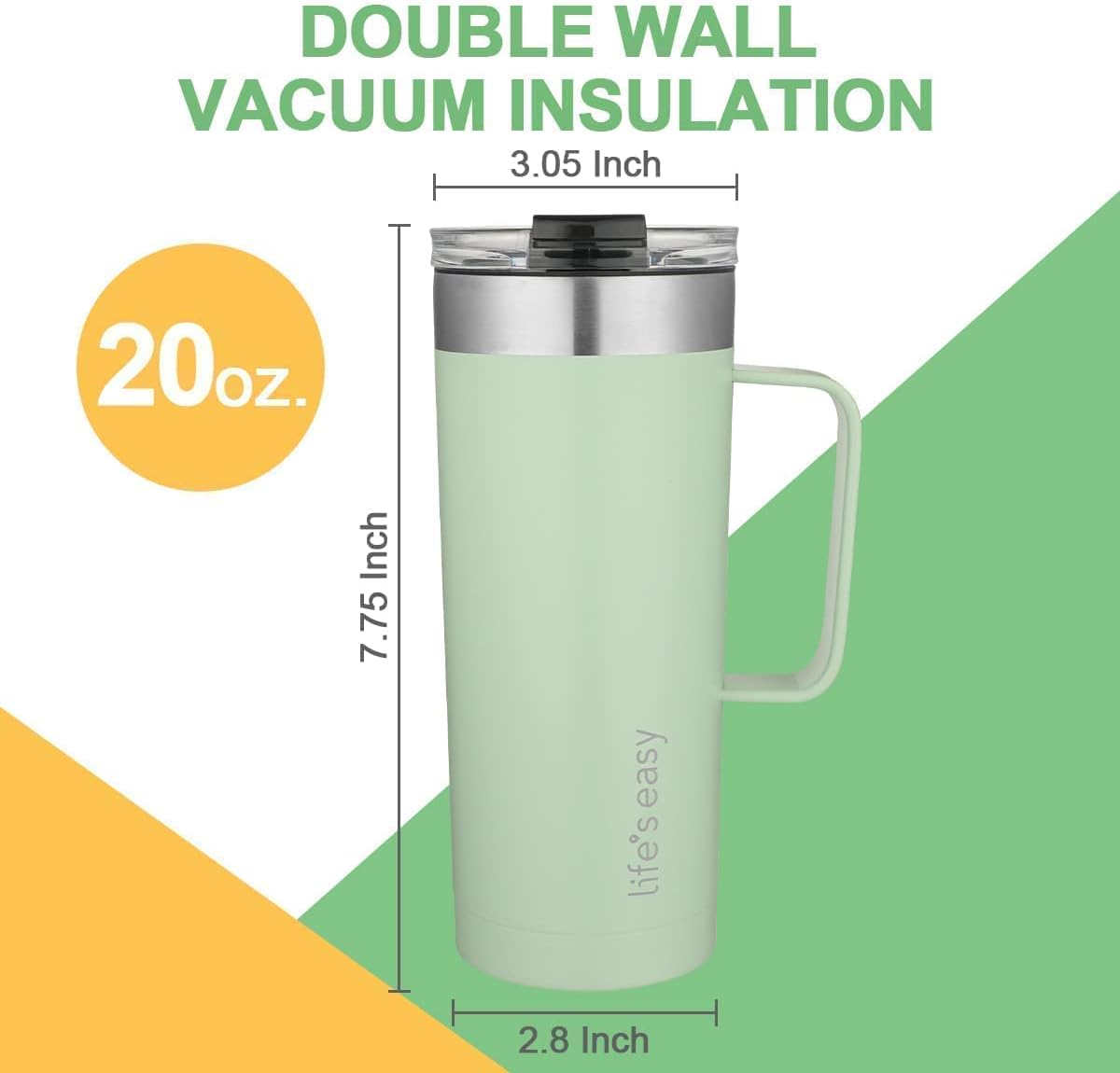 Life's Easy 20oz Stainless Steel Mug w/Handle - Double Wall Insulated Travel Tumbler w/Flip Lid - Leak Proof Tumbler-Thermal Cup for Coffee, Tea & More - Keep Hot & Cold Drinks (Mint Green, 20 oz) - Image 7
