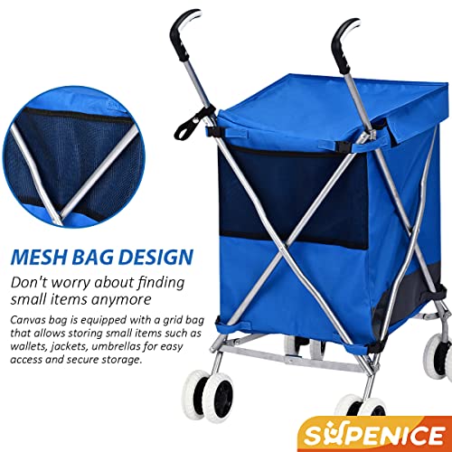 Supenice Folding Grocery Shopping Cart Rolling Utility Cart With 360° Double Front Swivel Wheels Waterproof Removable Canvas Bag With Cover For Laundry Grocery, Shopping, Baggage, Picnic (Blue) #TOP1