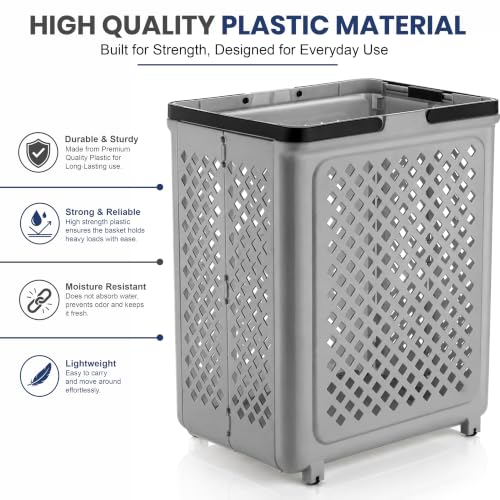 Image of JD FRESH Large 45 Liters Foldable Laundry Basket /Multipurpose Laundry Bag for Clothes with Wheels and Integrated Handles /Movable Plastic Clothes Basket /Laundry Bucket for Home & Laundry Room (Grey)
