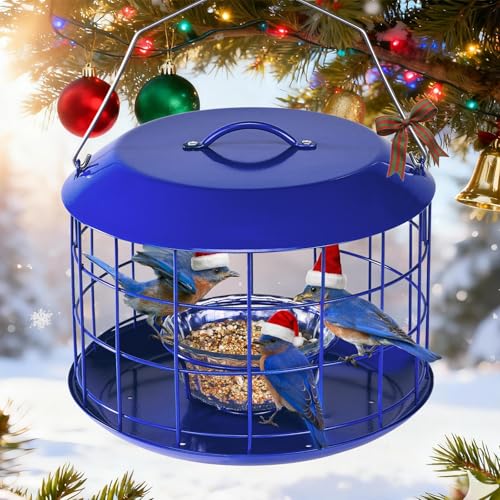 Kingsyard Bluebird Feeders for Outdoors Hanging, All Metal, Cage Mealworm Bird Feeder with Tray, Squirrel Proof & Weatherproof, Easy to Refill & Clean (Blue)
