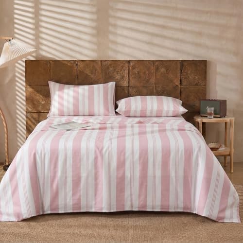 Image of Merryword 100% Cotton Sheet Set King Size - Pink Striped Bedding, Soft Breathable Percale Weave, Deep Pocket Fitted Sheet 17.5 inch, Luxury & Silky Soft Sheet Set for All Seasons