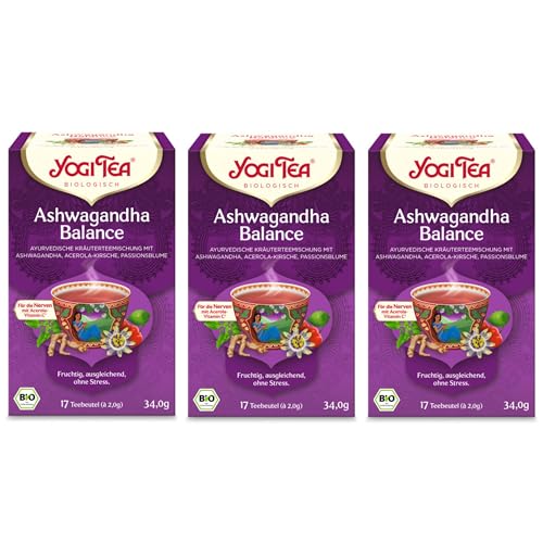 YOGI TEA Ashwaganda Balance Bio Kräutertee mit Ashwaganda Acerola-Kirsche Passionsblume koffeinfrei Yogi Tee 3er Pack 3x17 Teebeutel (51)