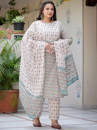 Image of YUFTA White And Green Printed Cotton Straight Plus Size Plus Size Kurta Trousers & Dupatta Set (9692PSKDWH )