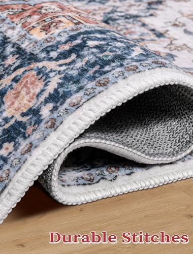 SERISSA Boho Washable Runner Rug, 2'6"x8' Non-Slip Vintage Blue Orange Hallway Kitchen Runner Rug Ultra Soft Print Distressed Tribal Floor Carpet for Bedroom Bathroom Laundry Room