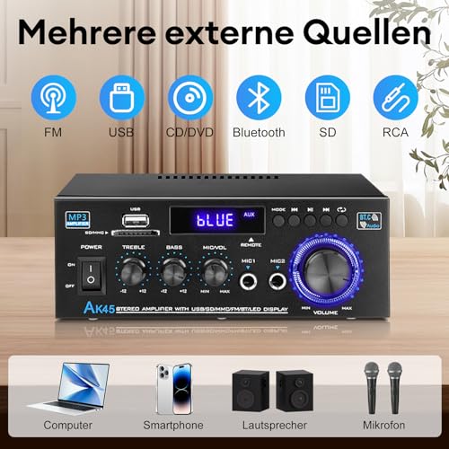 Image of KKMOL - Hifi Stereo Amplifier, AK45 Mini Bluetooth Radio Audio Amplifier Receiver, Wiimp Amp, 12V /220V, 400W, 2 Channels, Digital Sound Amplifier with USB, SD Card, Remote Control