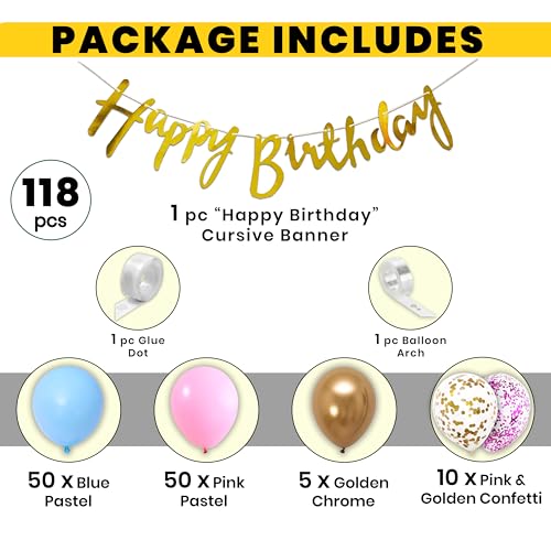 Image of 1iAM Happy Birthday Decoration Items Pack of 118 - Banner, 115pcs Balloons, Glue Dots & Arch | Birthday Decor Items for Girls | Bday Decoration Items for Boys | Party Supplies Combo Package For Decor