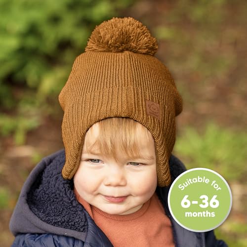 Image of Baby Beanie Winter Hat 6-36 Months - Cute Pom Winter Baby Hats with Earflaps, Soft & Stretchy Knit Toddler Beanies for Infant, Newborn 6-36 Months Boys, Girls, Cozy, Warm Fall Essentials (Latte, M)