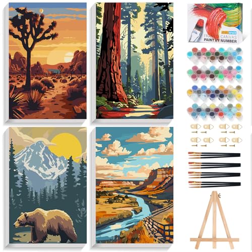 4 Pack Framed Paint by Numbers Kit for Adults Beginner with Wooden Easel National Park Easy Adult Paint by Number Kits with Frame DIY Number Painting for Adults Canvas for Home Decor Gift 8x12 Inch