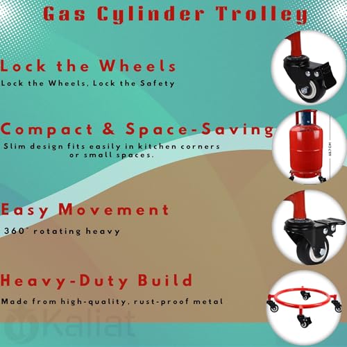 Image of Gas Cylinder Trolley with Lock Wheels - Red | Heavy Duty Steel LPG Cylinder Stand | 360 Smooth Rolling Caster Wheels (2+2 Lock) | Rust Resistant Cylinder Holder for Kitchen & Home