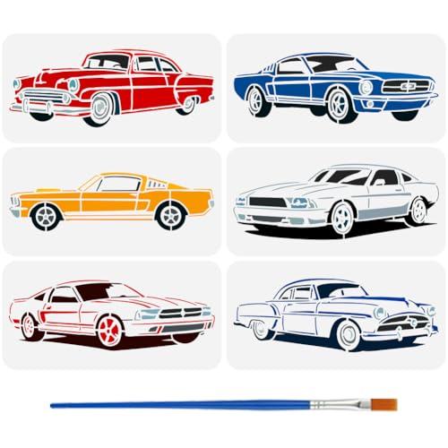 FINGERINSPIRE 6 Stück Sportwagen Schablone Mit 1 Stück Kunststoff Pinsel 30x15cm Zeichenvorlage Für Klassische Autos Schablone Zum Bemalen von Transportfahrzeugen Auf Holz Segeltuch Stoff Mauer Möbel