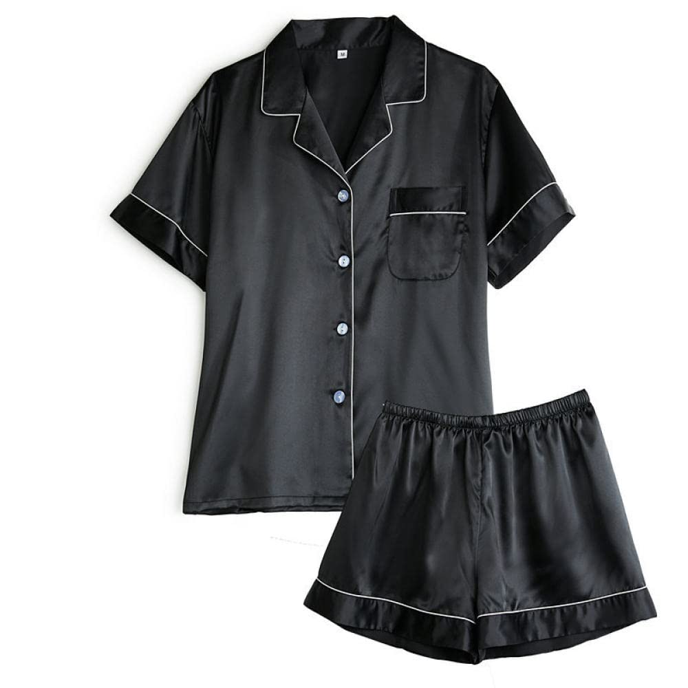 Pijama De Mujer Manga Corta,Botones De Solapa Negros Pijama De Manga Corta Para Mujer Conjunto De 2 Piezas Pijama Suave Y Cómodo Para Mujer Ropa De Descanso Regalo Del Día De La Madre Para Esposa