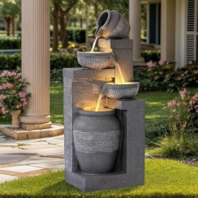 Grepatio Outdoor 4-Tiers Water Fountain, Garden Cascading Waterfalls Fountain with LED Lights, 32" H Modern Indoor/Outdoor Bowl Waterfall Feature Water Fountains for Garden, Patio, Yard Decor (Grey)