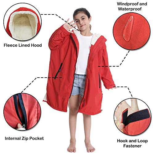 Image of Hiturbo Warm Kids Swim Parka: Waterproof Changing Robe - Oversize Swimming Coat - Hooded Surf Poncho - Thick Lining (7-14Y)