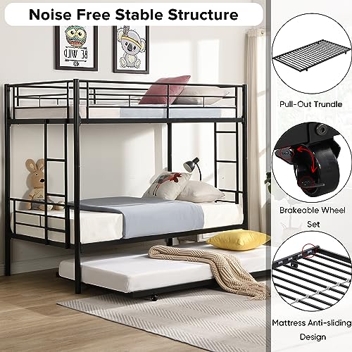 HAUSHECK Twin Over Twin Bunk Bed with Trundle for 3 Kids/Adults, Detachable Twin Bunk Beds w/ 2 Side Ladders & Full-Length Guardrails, Space-Saving Metal Bedframe for Dorm, No Box Spring Needed - Thumbnail 6