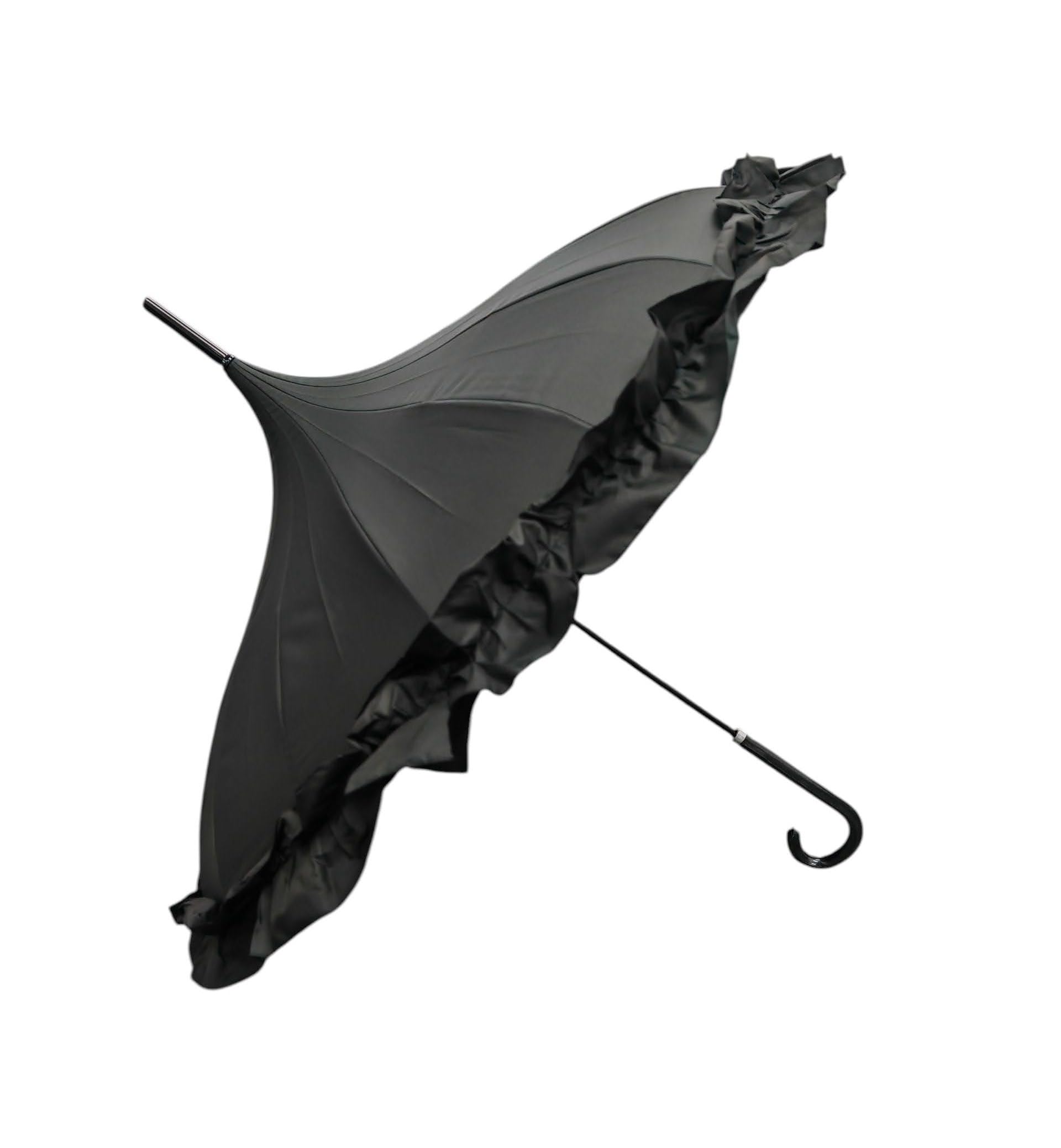 Superbia Pagoda Frill Umbrella Parosol Long Stick for Sun and Rain Princess Unique Style Event Parasol (Black)