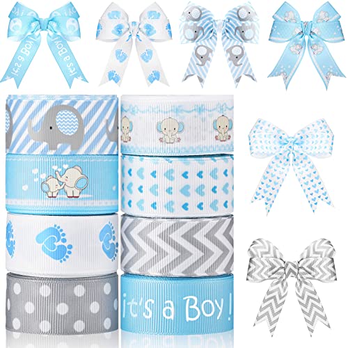 8 Roll Baby Elephant Grosgrain Ribbon 7/8 Inch Baby Shower It's a Boy/Girl Foot Print Ribbon for Gift Wrapping Shower Gender Reveal Party Diaper Cake Decor, 40 Yard Total(Blue)