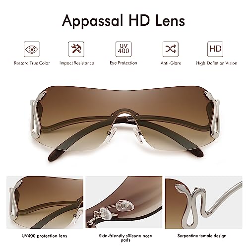 Rimless Y2k Sunglasses for Women Men Trendy Oversized Wrap Around Snake Shades AP3652