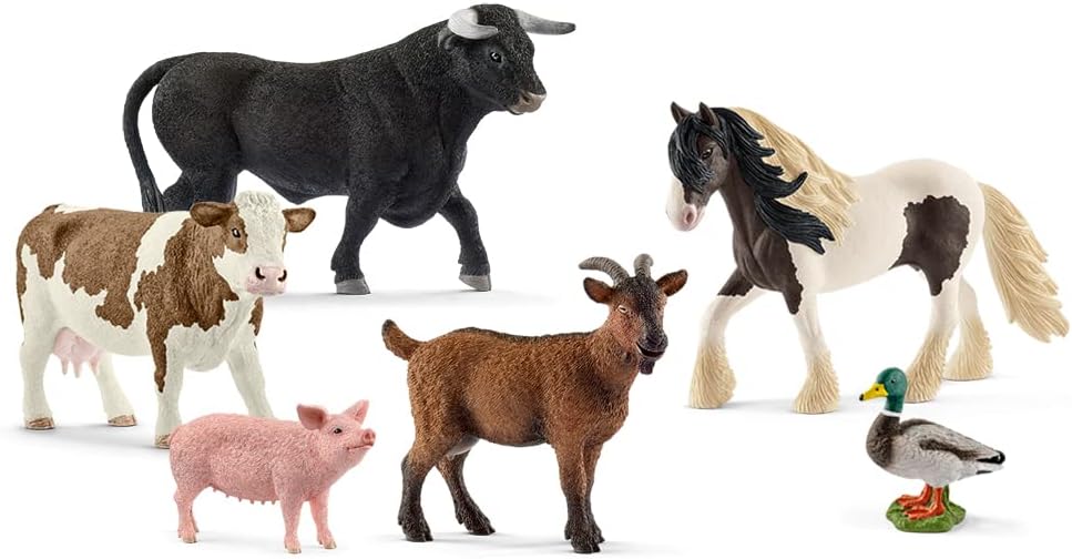 Farm World Farm Animals Horse, Cow, Bull, Goat, Duck and Pig Figurine Playset - 6-Piece Realistic and Durable Animal Figurines, Gift for Kids and Toddlers Ages 3+